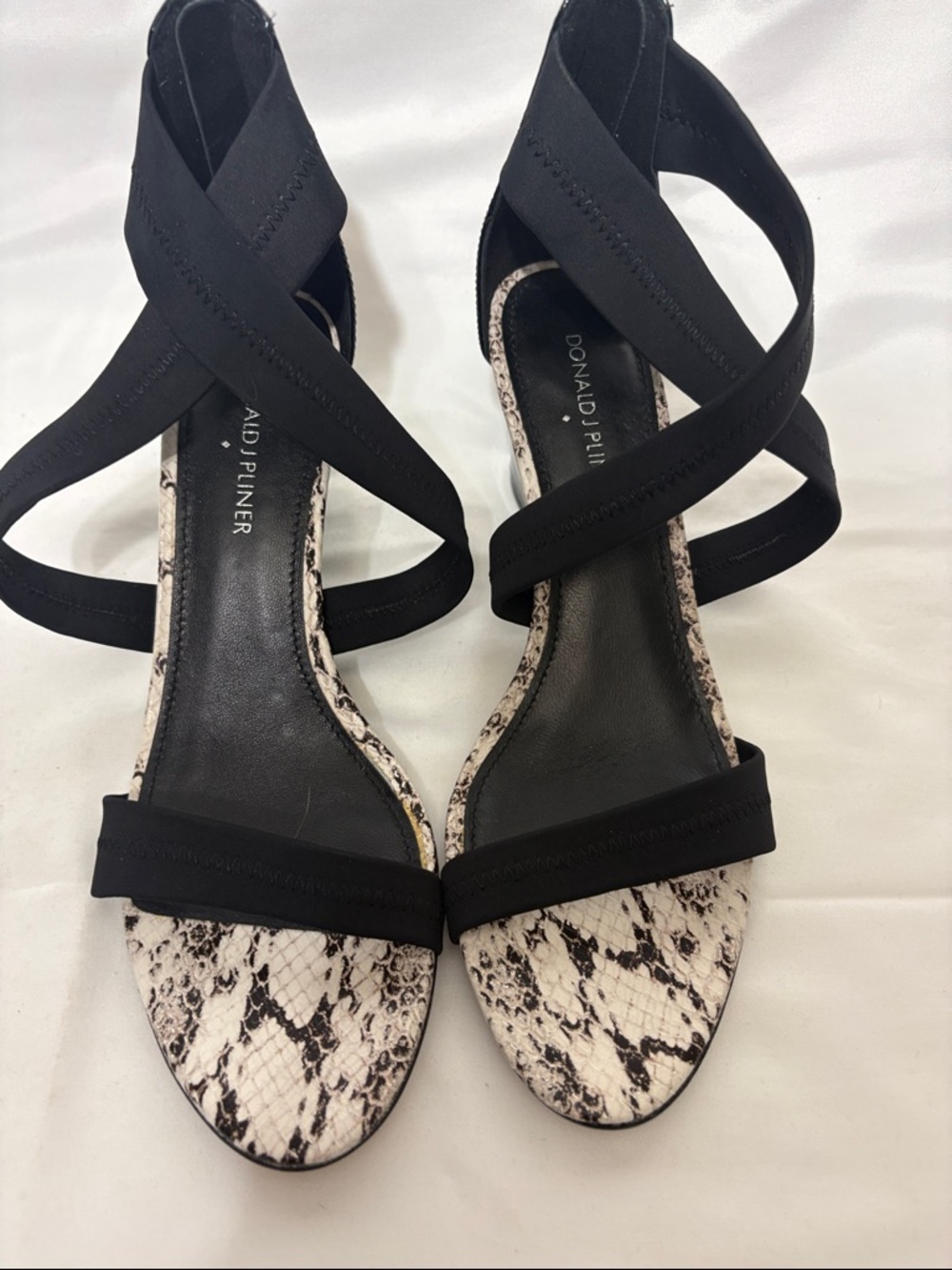 Donald J. Pliner Black Strappy Heels with Snake-Print Insole